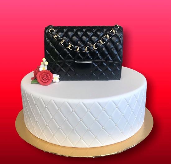 Elegant Cakery. Black & Silver Designer Handbag Cake Topper